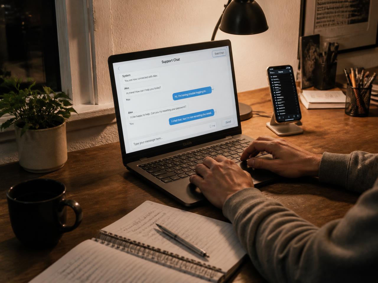Atendimento da TV Fute Pipoca feito de casa, à noite, com laptop e caderno de anotações
